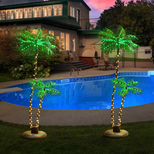 The Holiday Aisle® Solar Lighted Palm Tree For Outside Patio, LED Artificial Fake Tree Lights